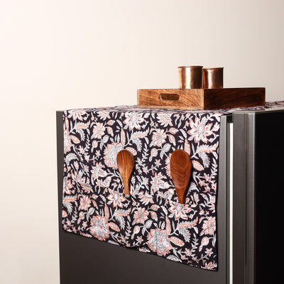 Black Handmade Cotton Fridge Top Cover with Multiple Pockets