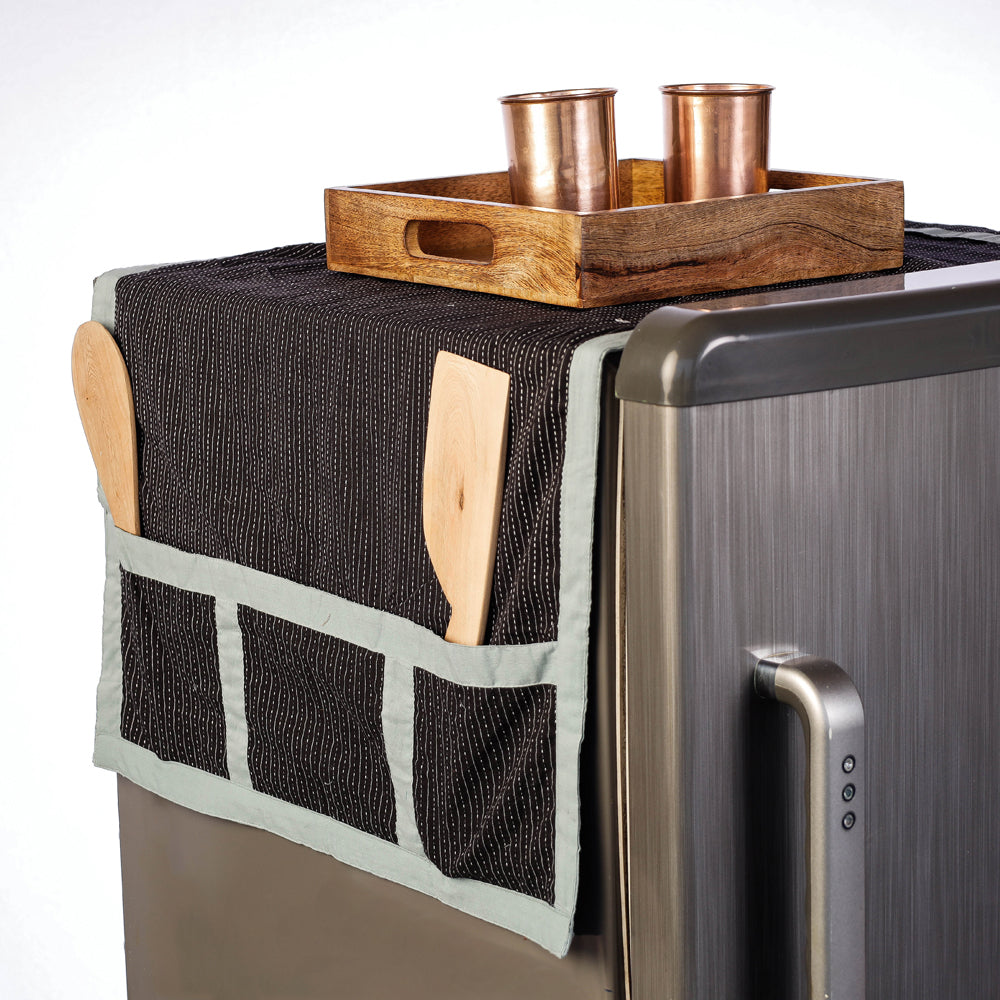 Black Hand Block Printing Cotton Fridge Top Cover