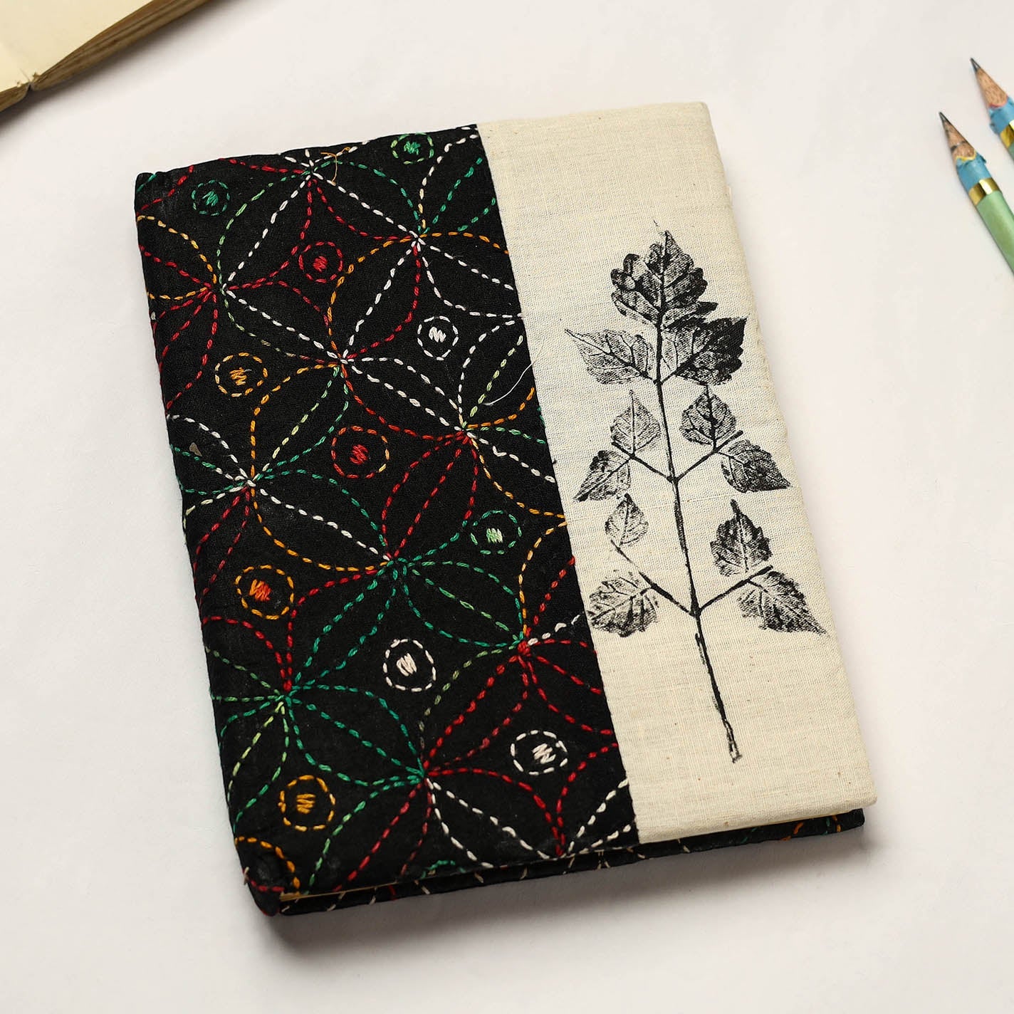 Black Handmade Paper Notebook with Eco Leaf Print Kantha Work