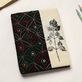 Black Handmade Paper Notebook with Eco Leaf Print Kantha Work