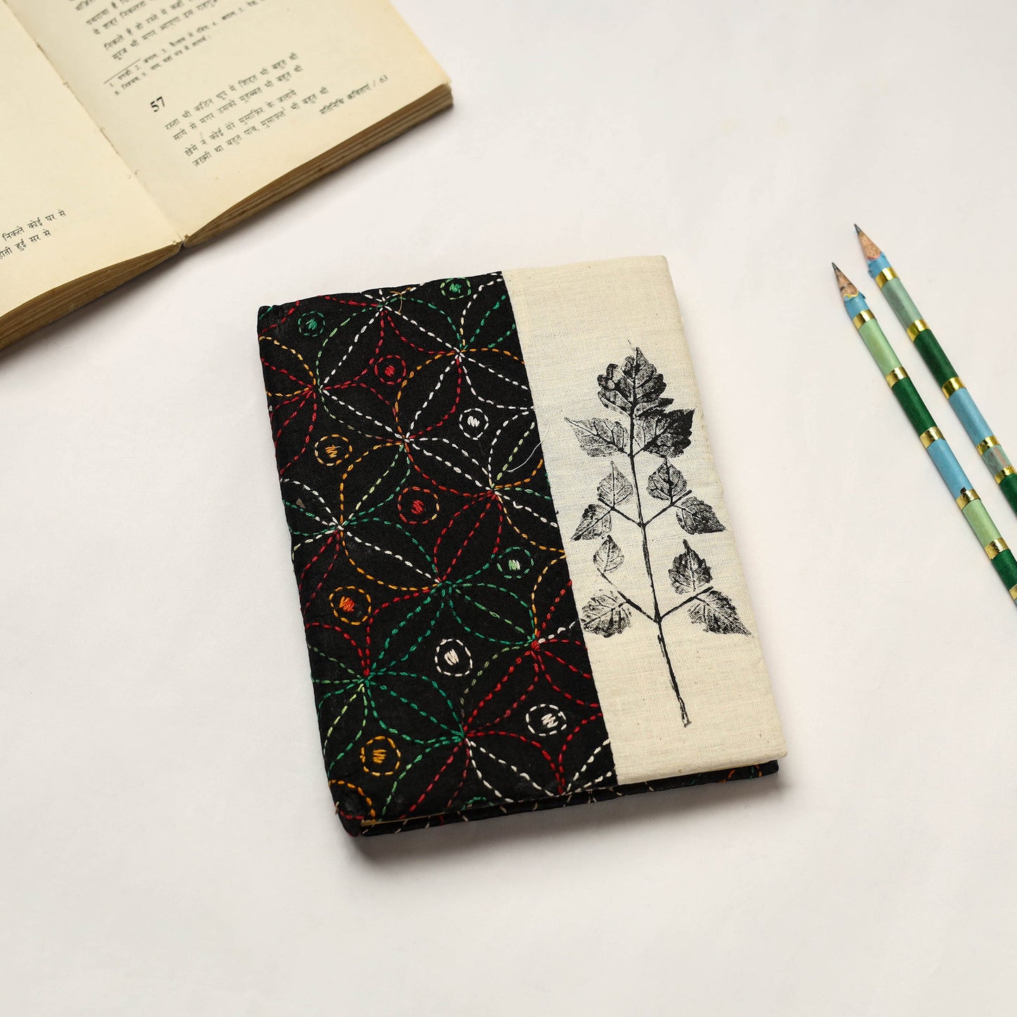Black Handmade Paper Notebook with Eco Leaf Print Kantha Work