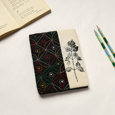 Black Handmade Paper Notebook with Eco Leaf Print Kantha Work