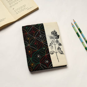 Black Handmade Paper Notebook with Eco Leaf Print Kantha Work