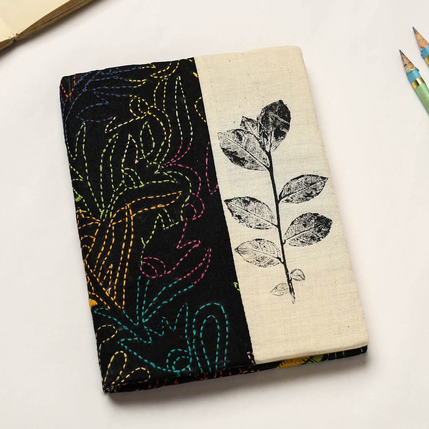 Black Handmade Paper Notebook with Eco Leaf Print Kantha Work