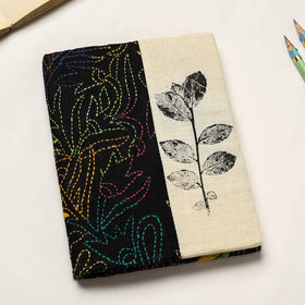 Black Handmade Paper Notebook with Eco Leaf Print Kantha Work