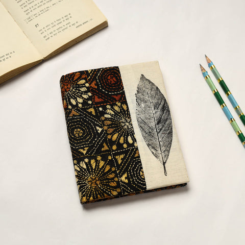 Black Handmade Paper Notebook with Eco Leaf Print Kantha Work