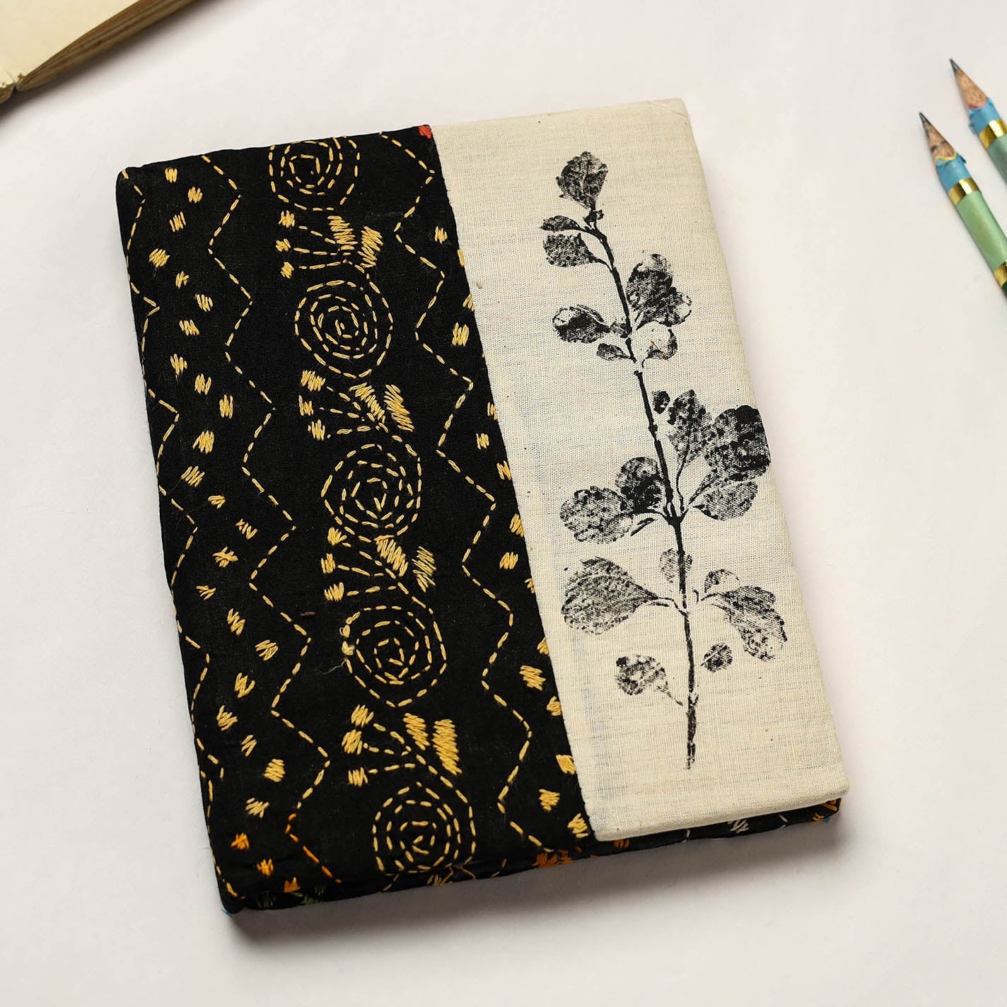 Black Handmade Paper Notebook with Eco Leaf Print Kantha Work