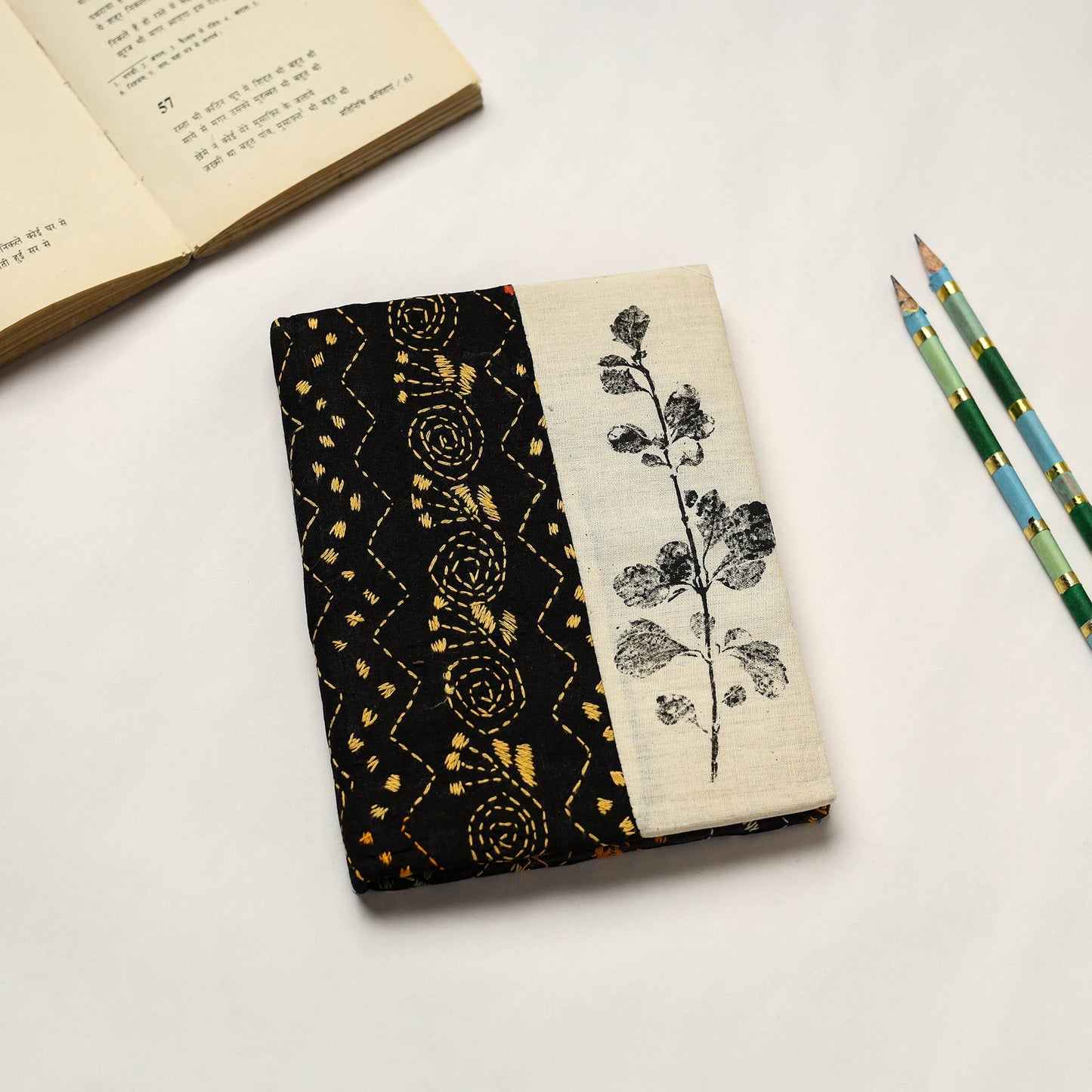 Black Handmade Paper Notebook with Eco Leaf Print Kantha Work