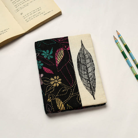 Black Handmade Paper Notebook with Eco Leaf Print Kantha Work