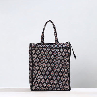 Black Handmade Ajrakh Block Printed Cotton Shopping Bag 01 