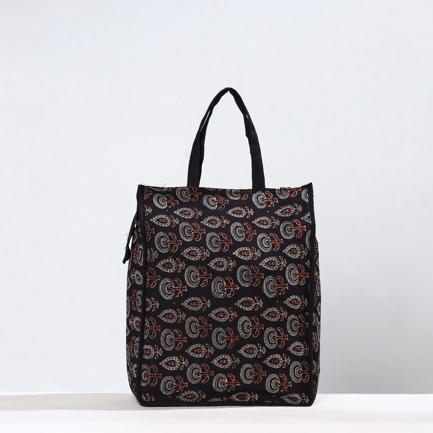 Black Handmade Ajrakh Block Printed Cotton Shopping Bag 01