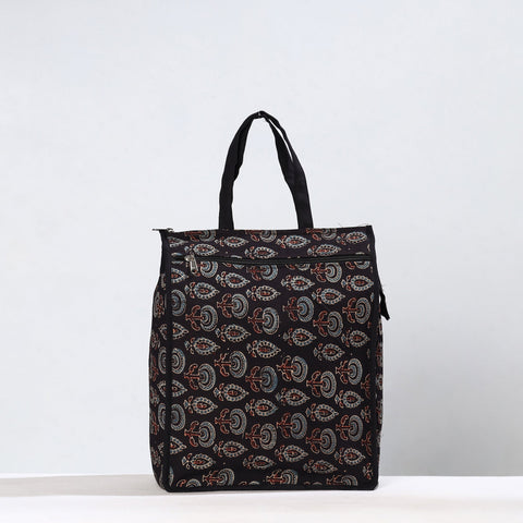 Black Handmade Ajrakh Block Printed Cotton Shopping Bag 01