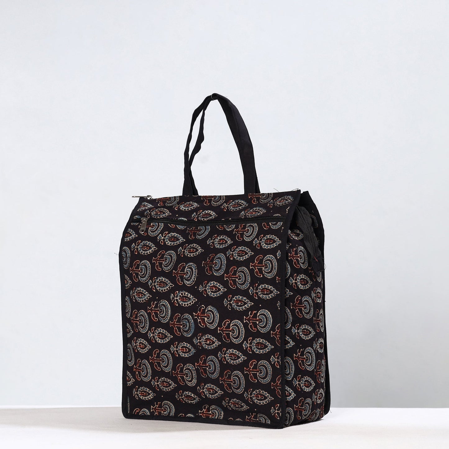 Black Handmade Ajrakh Block Printed Cotton Shopping Bag 01