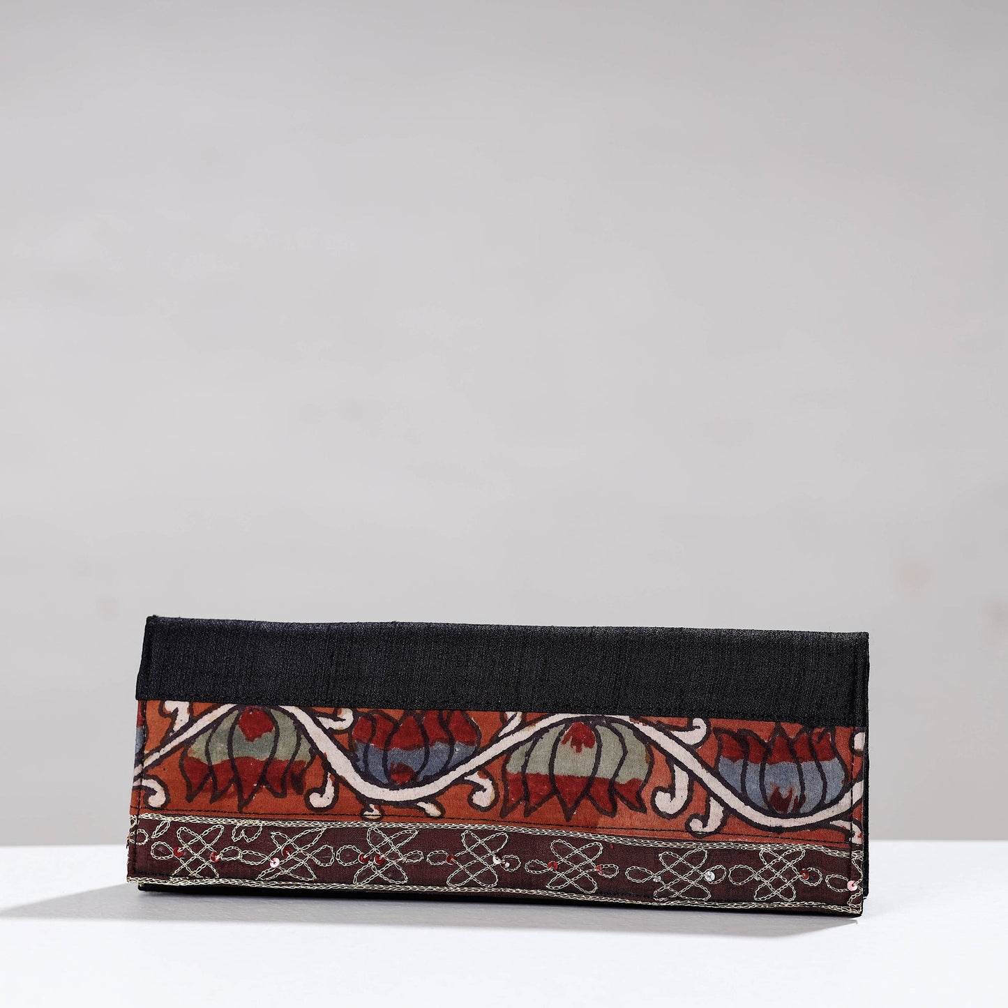 Black Handpainted Kalamkari Ghicha Silk Clutch