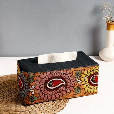 Black Handpainted Kalamkari Natural Dyed Cotton Tissue Box
