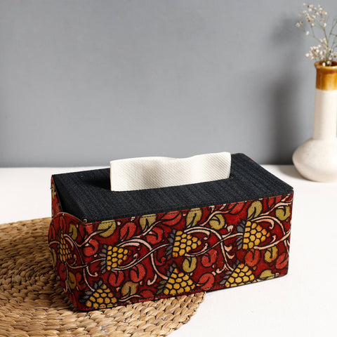 Black Handpainted Kalamkari Natural Dyed Cotton Tissue Box 