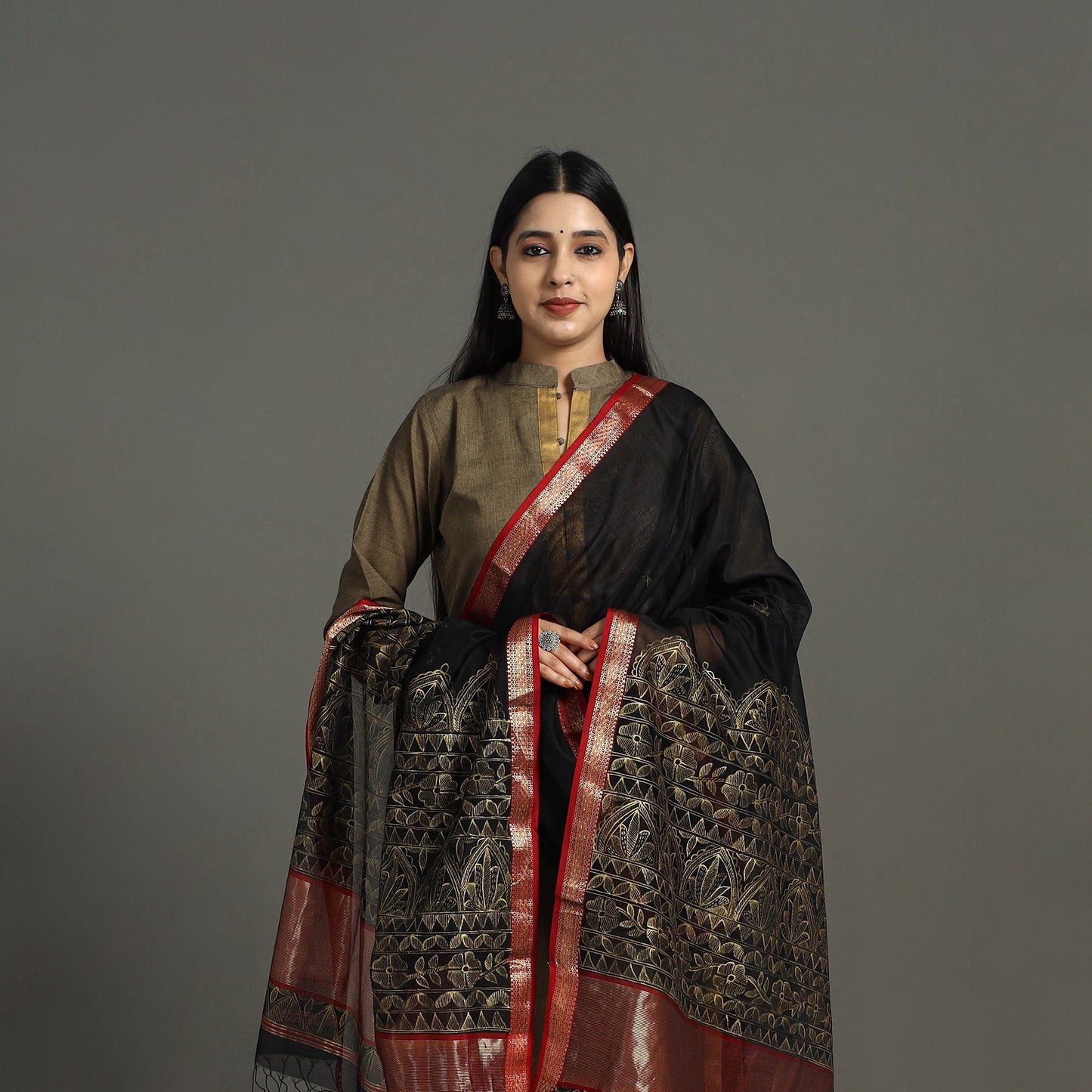 Buy Black Handpainted Maheshwari Silk Madhubani Dupatta