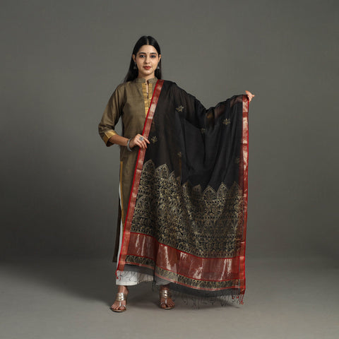 Buy Black Handpainted Maheshwari Silk Madhubani Dupatta