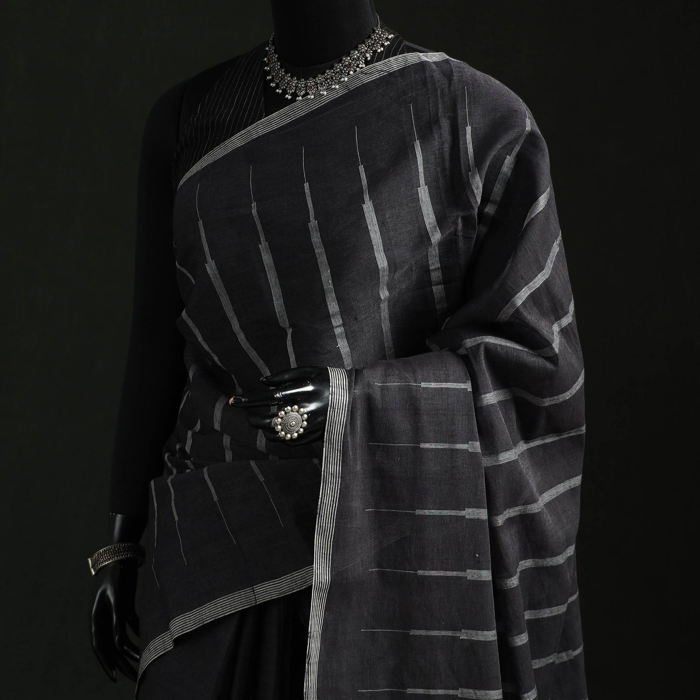 Black - handspun handloom cotton godavari jamdani saree 06