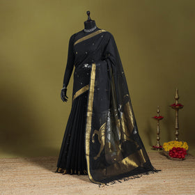 Black - handspun handloom full zari work fine cotton