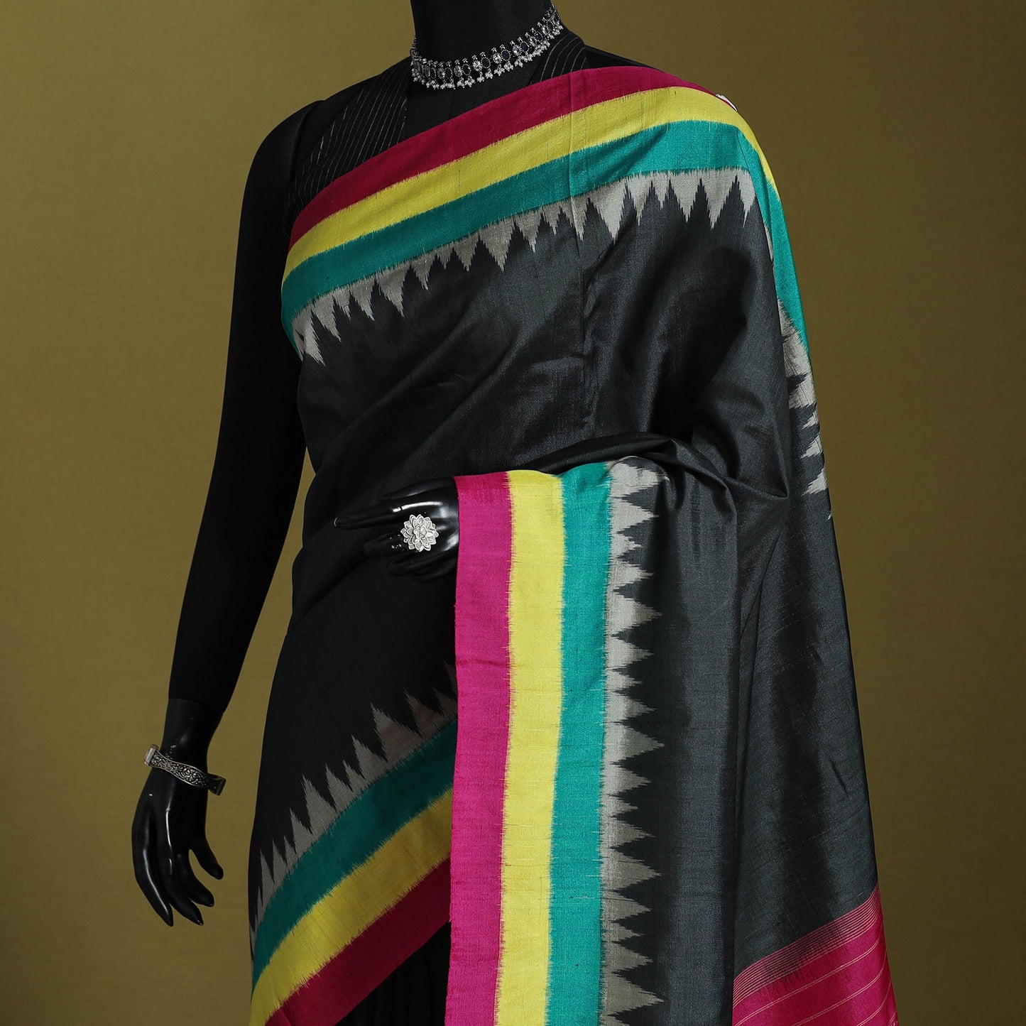 Black - handspun handloom tussar silk pochampally ikat