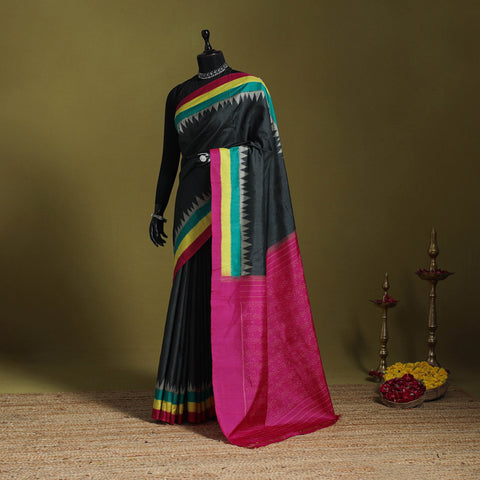 Black - handspun handloom tussar silk pochampally ikat