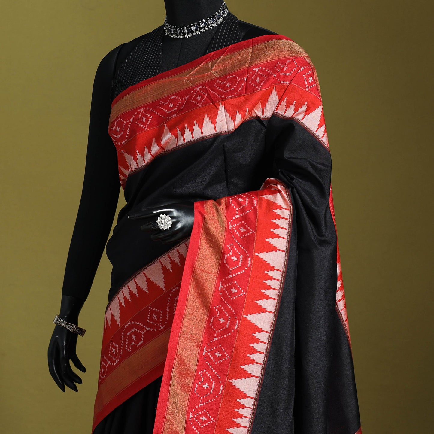 Black - handspun handloom tussar silk pochampally ikat