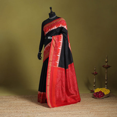 Black - handspun handloom tussar silk pochampally ikat