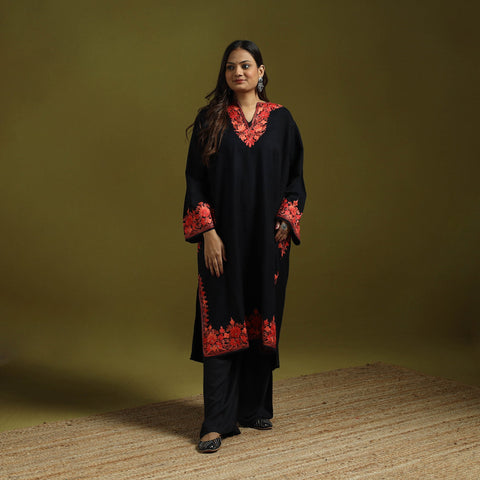 Black - handwoven aari embroidered kashmiri merino wool