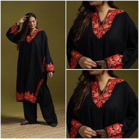 Black - handwoven aari embroidered kashmiri merino wool