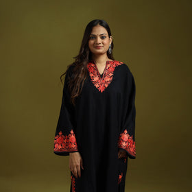 Black - handwoven aari embroidered kashmiri merino wool