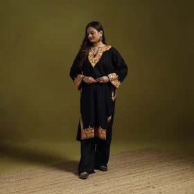 Black - handwoven aari embroidered kashmiri merino wool