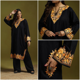 Black - handwoven aari embroidered kashmiri merino wool