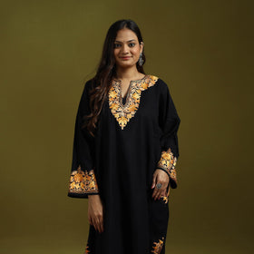 Black - handwoven aari embroidered kashmiri merino wool
