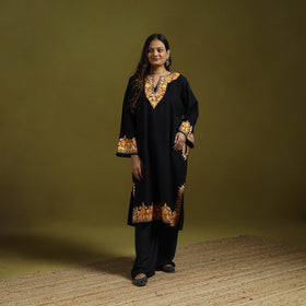 Black - handwoven aari embroidered kashmiri merino wool