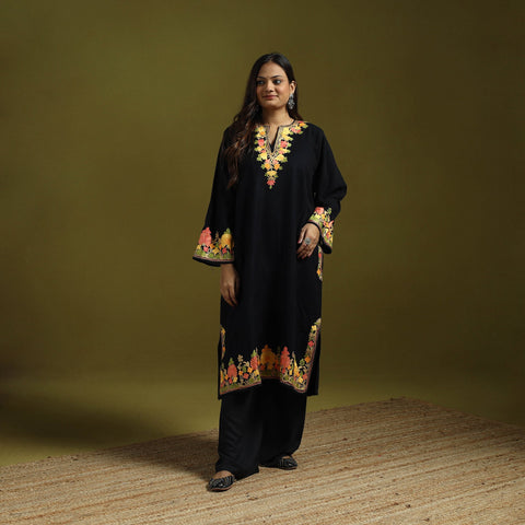 Black - handwoven aari embroidered kashmiri merino wool
