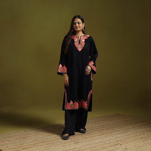 Black - handwoven aari embroidered kashmiri merino wool