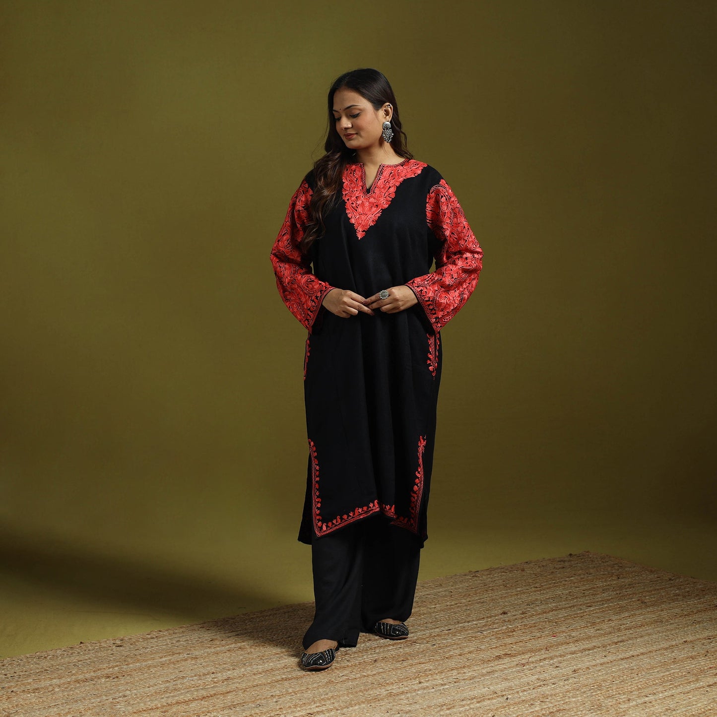 Black - handwoven aari embroidered kashmiri merino wool