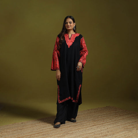 Black - handwoven aari embroidered kashmiri merino wool