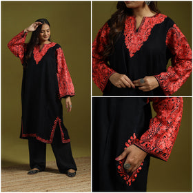 Black - handwoven aari embroidered kashmiri merino wool