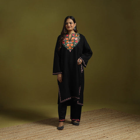 Black - handwoven aari embroidered kashmiri merino wool