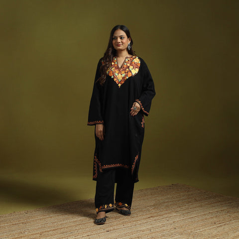 Black - handwoven aari embroidered kashmiri merino wool