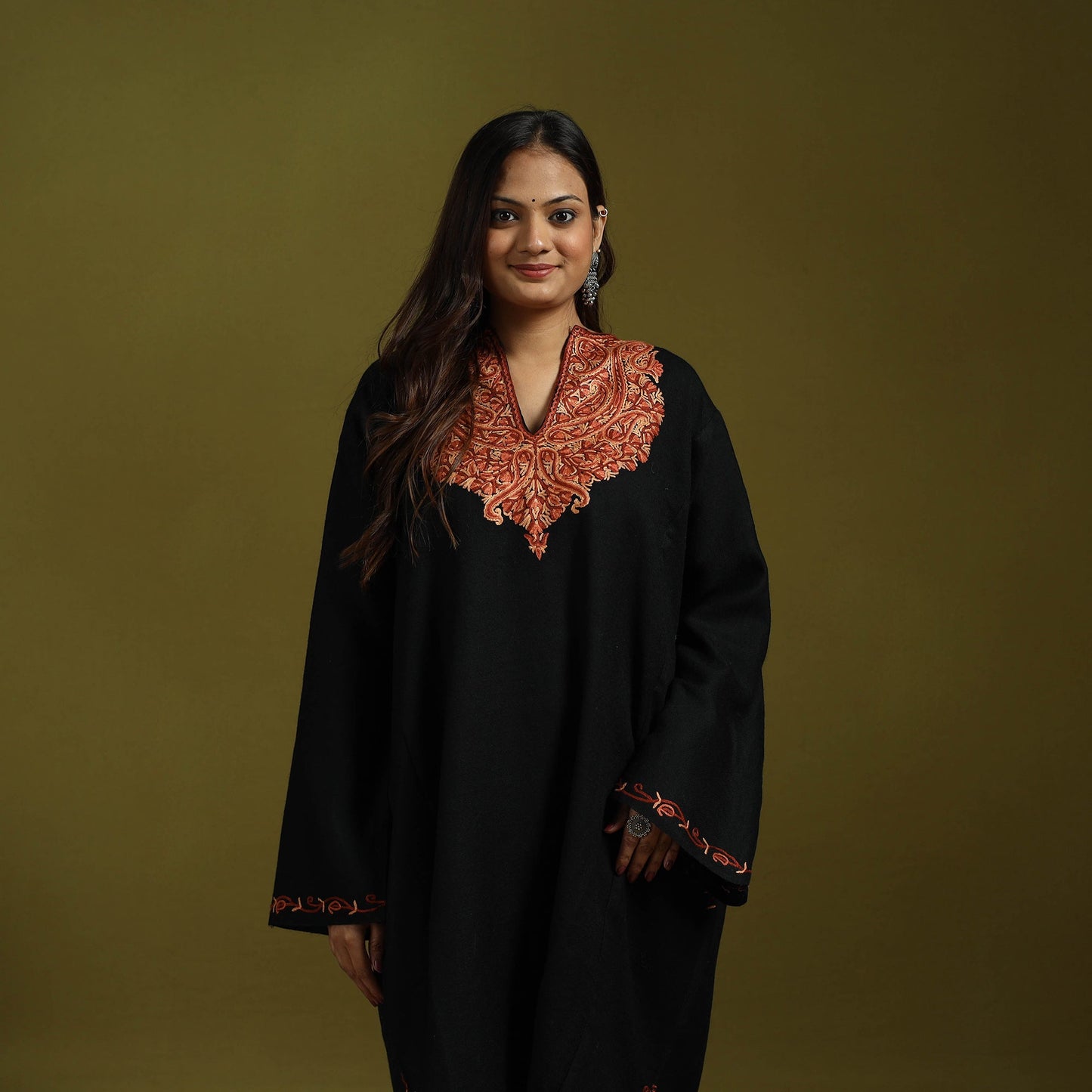 Black - handwoven aari hand embroidered kashmiri merino