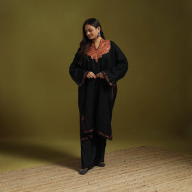 Black - handwoven aari hand embroidered kashmiri merino