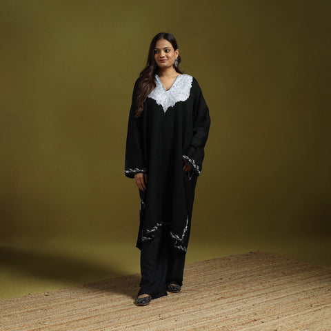 Black - handwoven aari hand embroidered kashmiri merino