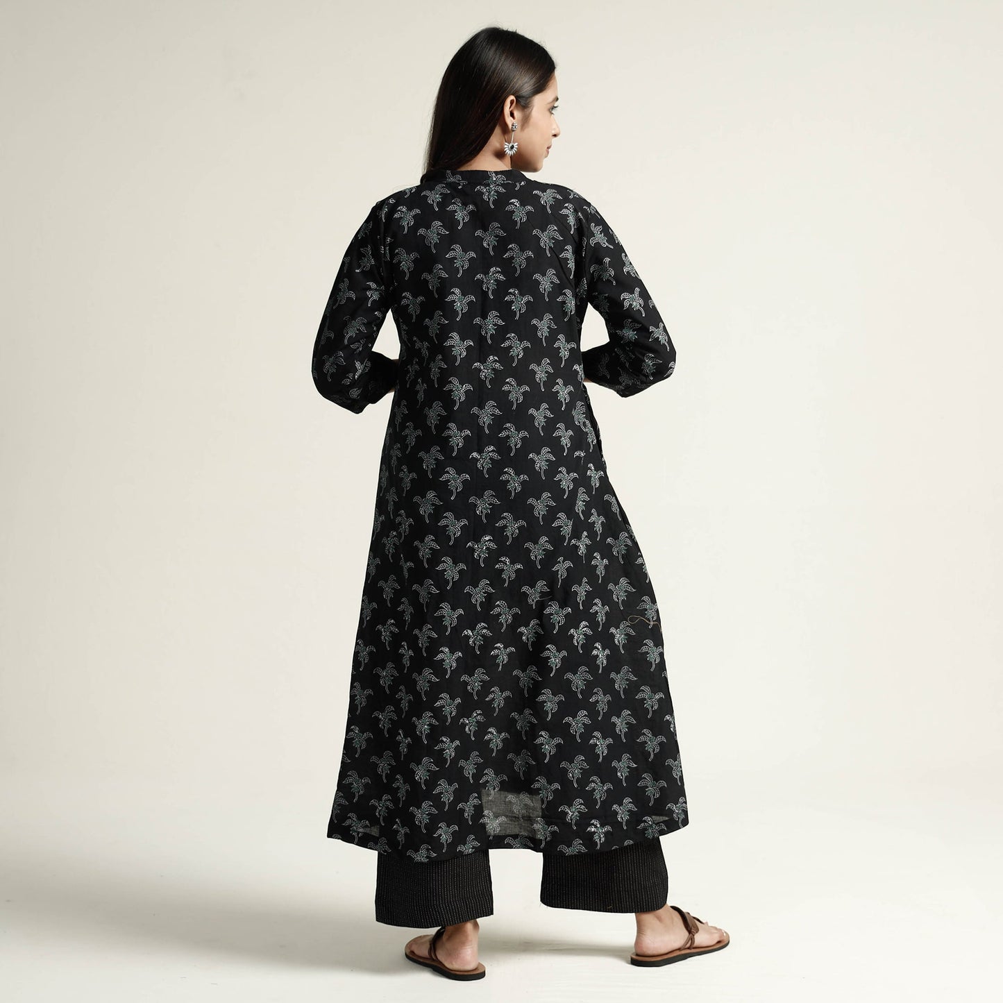 Black Block Print Handwoven Cotton A-Line Mangalagiri Kurta