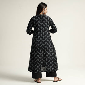Black Block Print Handwoven Cotton A-Line Mangalagiri Kurta