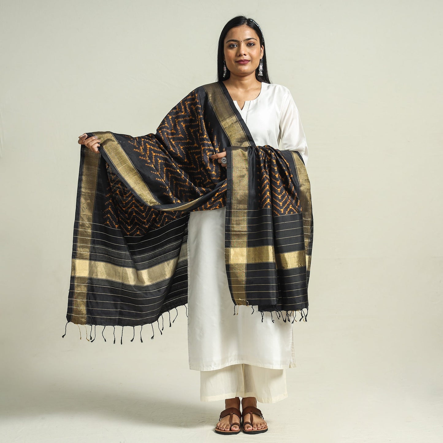 Black - Handwoven Pochampally Ikat Pure Mulberry Silk Dupatta with Tassels
