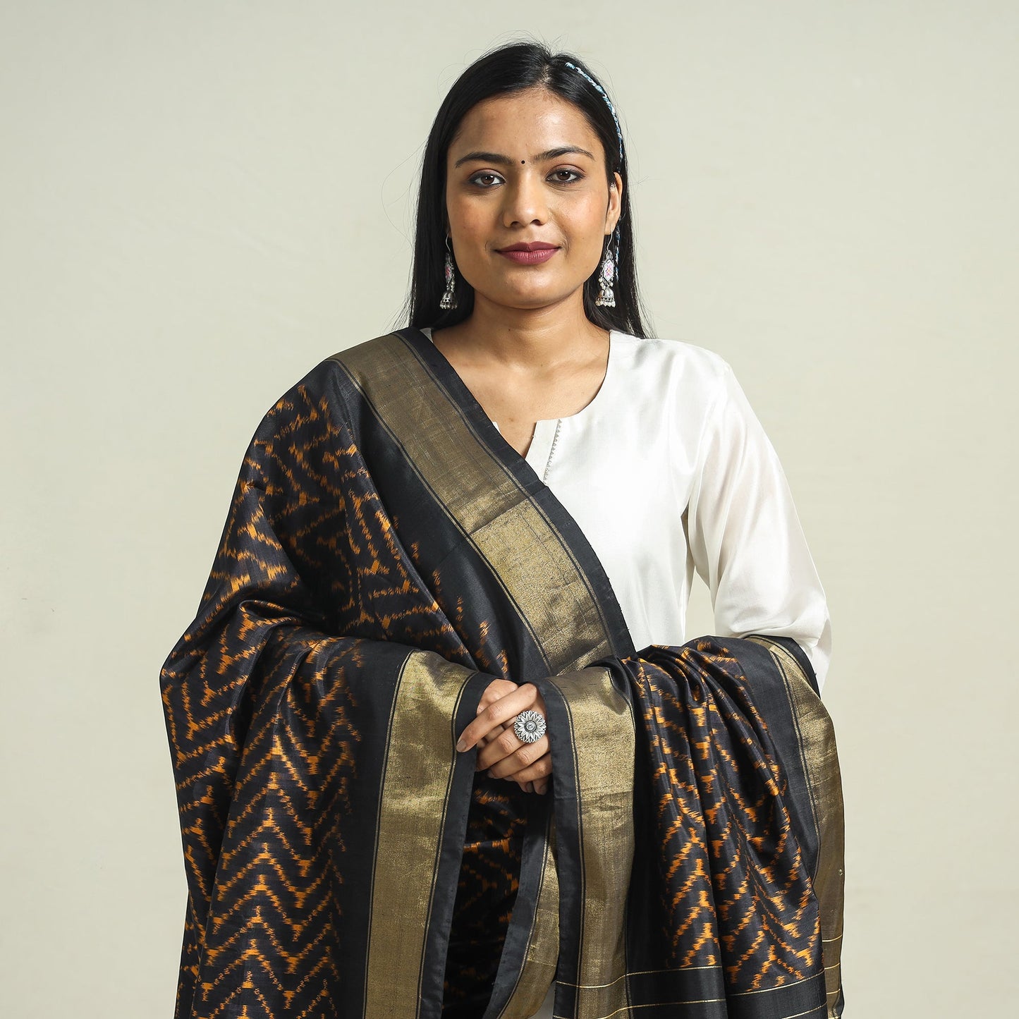 Black - Handwoven Pochampally Ikat Pure Mulberry Silk Dupatta with Tassels