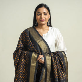 Black - Handwoven Pochampally Ikat Pure Mulberry Silk Dupatta with Tassels